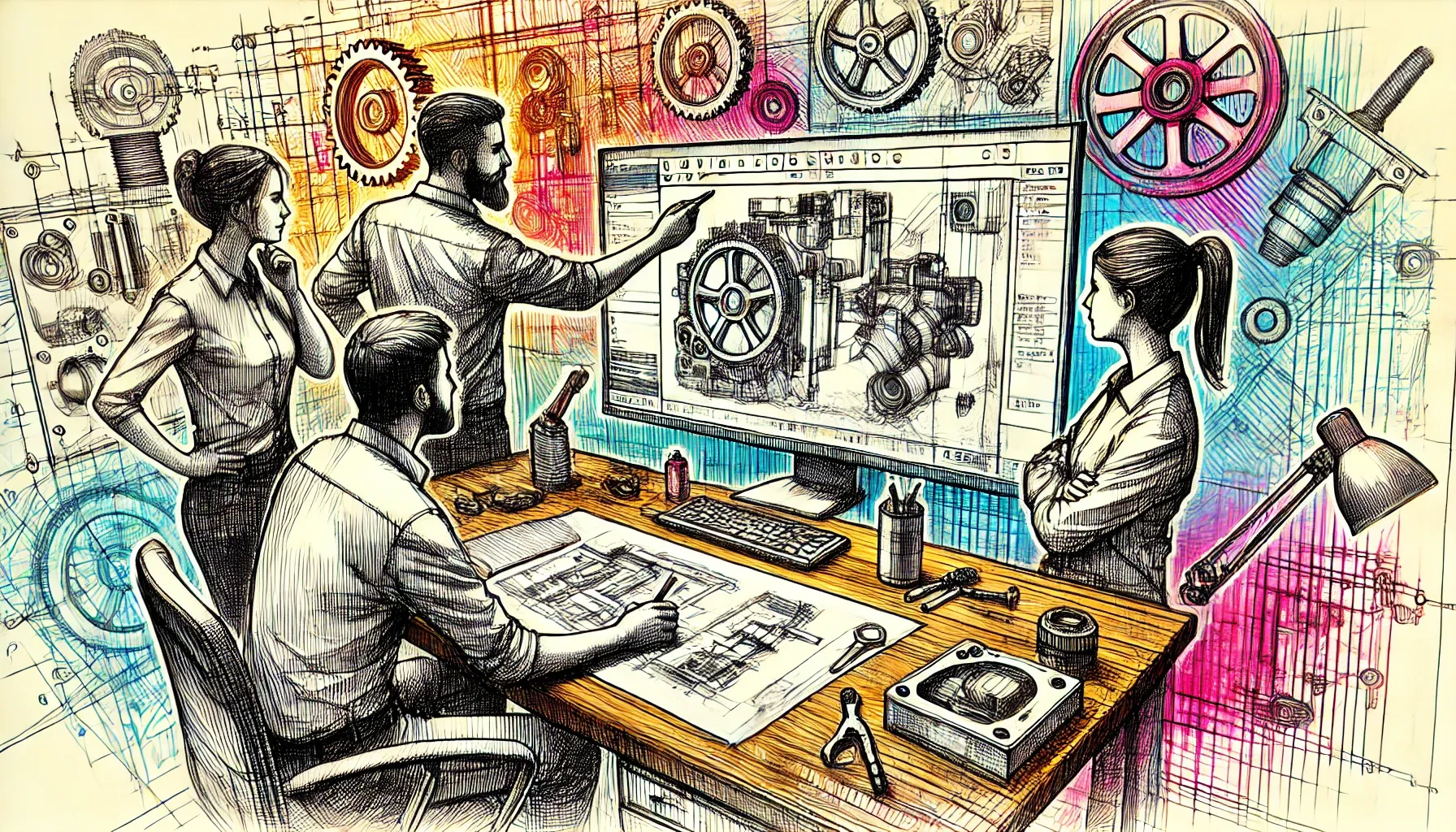 Group of people collaborating around a desk on a mechanical design using a desktop computer Group of people collaborating around a desk on a design